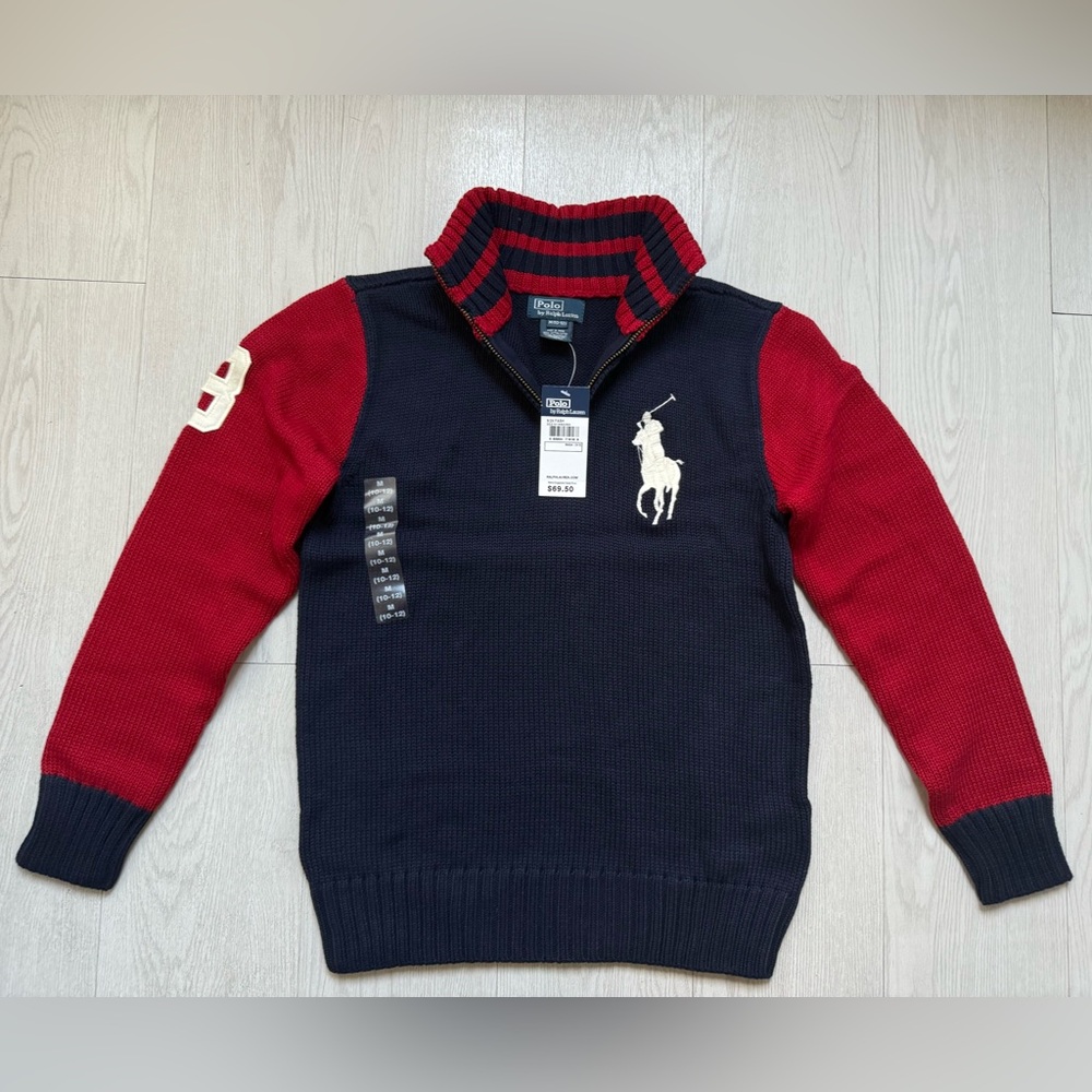 NEW! Polo Ralph Lauren Red & Navy 1/4 Zip Sweater!NEW WITH TAGS! Sz 10-12